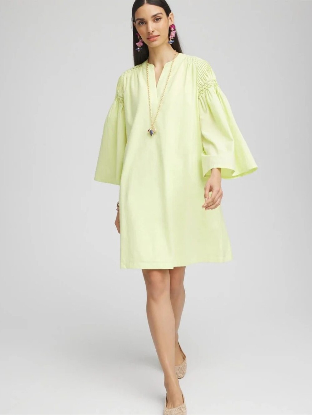 Chicos 2.5 Cotton Voile Bell Sleeved Dress Frozen Lime Green Sz 14 New $140